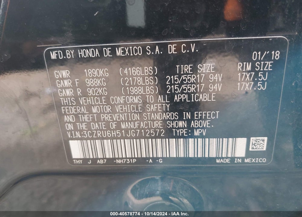 2018 HONDA HR-V EX VIN: 3CZRU6H51JG712572