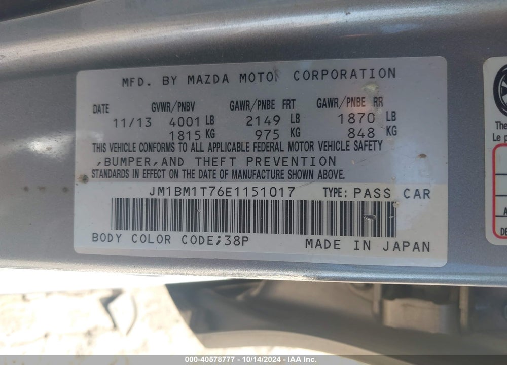 2014 MAZDA 3 I SV VIN: JM1BM1T76E1151017