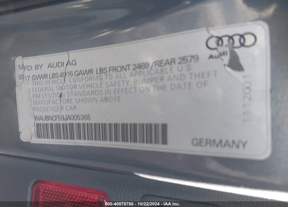 2018 AUDI A5 2.0T PREMIUM VIN: WAUBNCF59JA005365