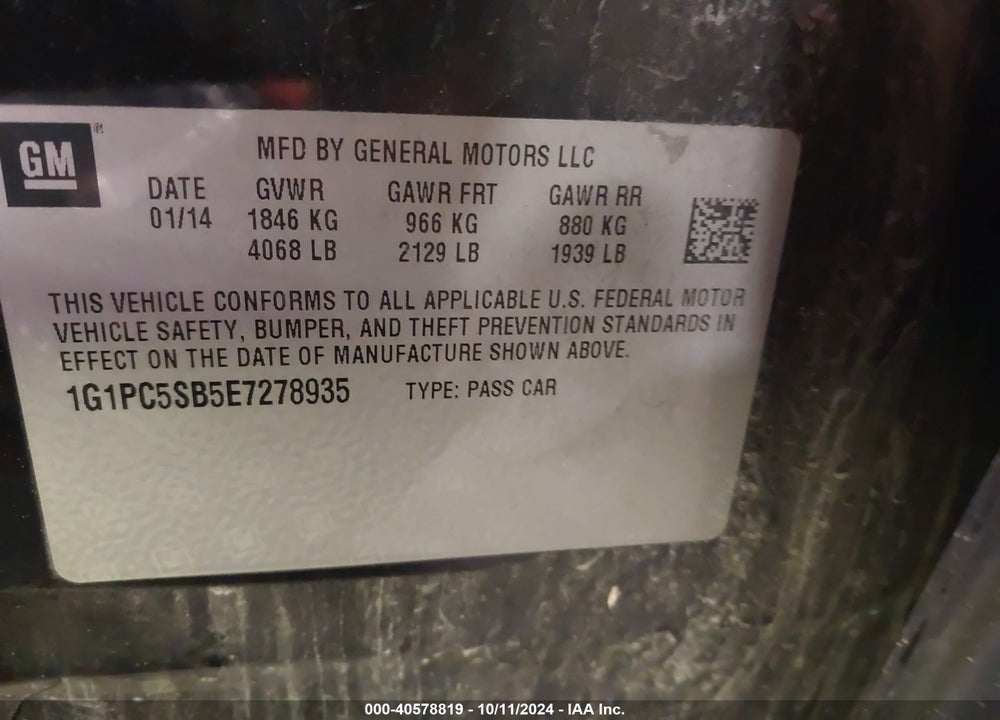 2014 CHEVROLET CRUZE 1LT AUTO VIN: 1G1PC5SB5E7278935