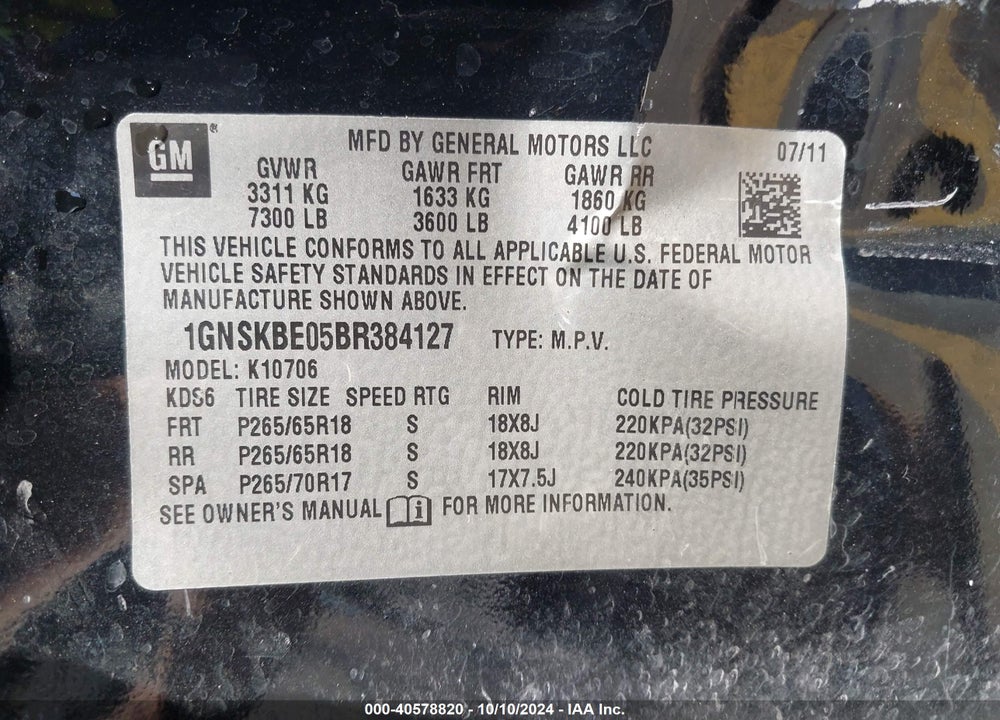2011 CHEVROLET TAHOE LT VIN: 1GNSKBE05BR384127