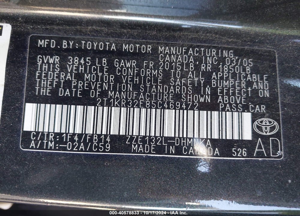 2005 TOYOTA MATRIX/XR VIN: 2T1KR32E85C469472