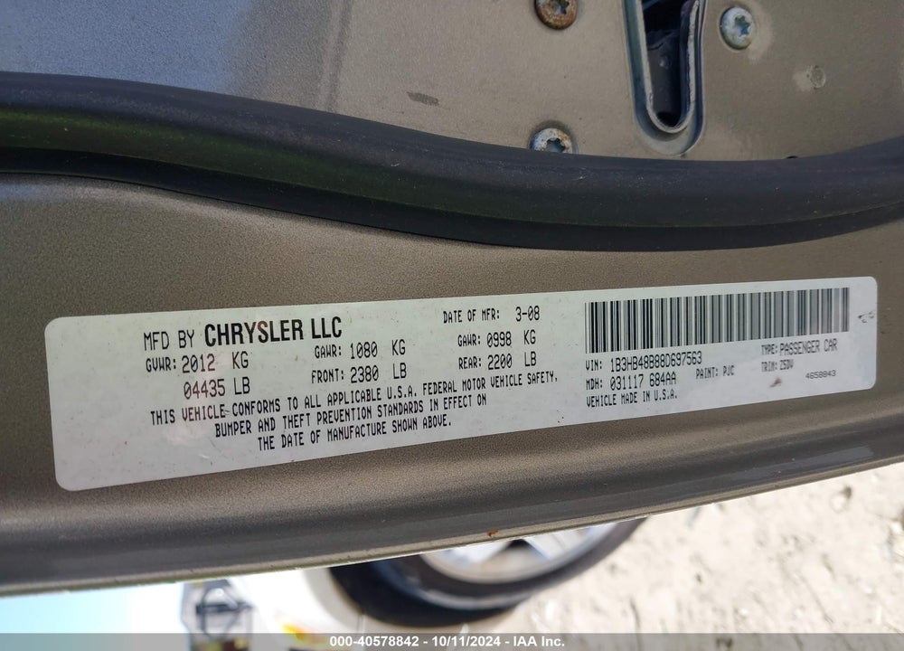 2008 DODGE CALIBER SXT VIN: 1B3HB48B88D697563