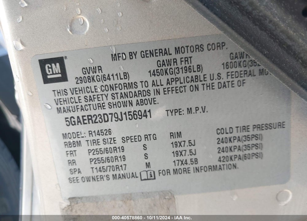 2009 BUICK ENCLAVE CXL VIN: 5GAER23D79J156941