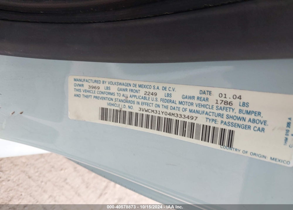 2004 VOLKSWAGEN NEW BEETLE GLS VIN: 3VWCM31Y04M333497