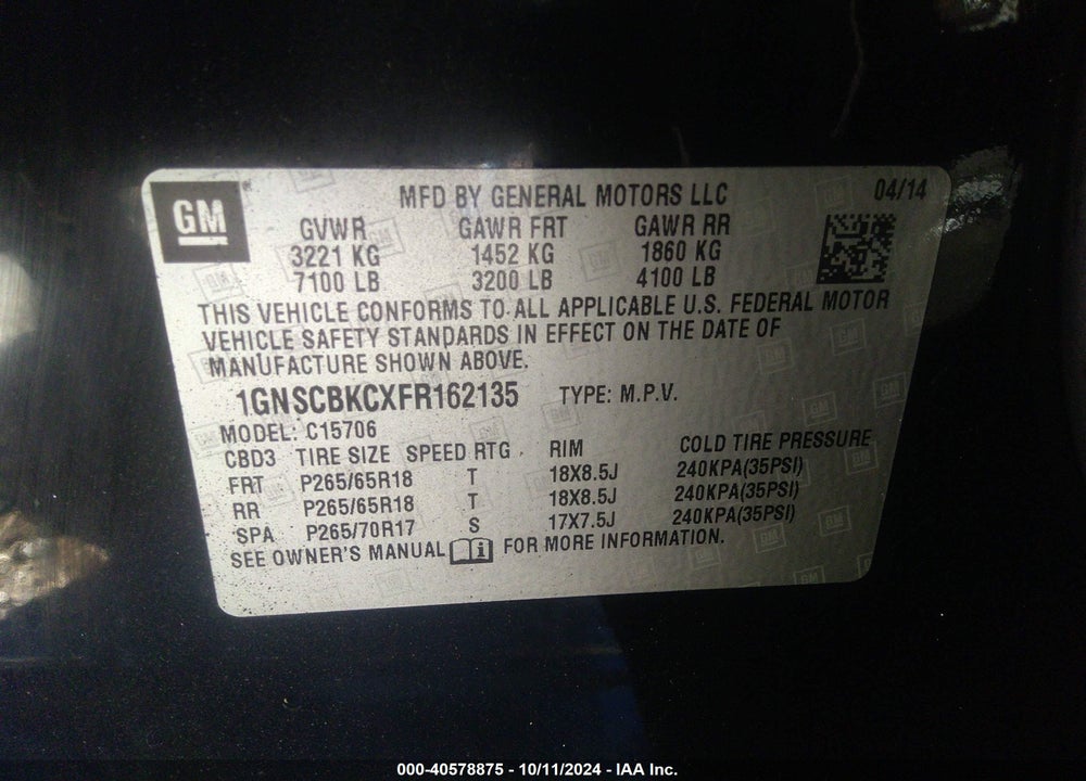 2015 CHEVROLET TAHOE LT VIN: 1GNSCBKCXFR162135