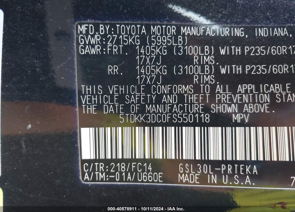 2015 TOYOTA SIENNA LE 8 PASSENGER VIN: 5TDKK3DC0FS550118