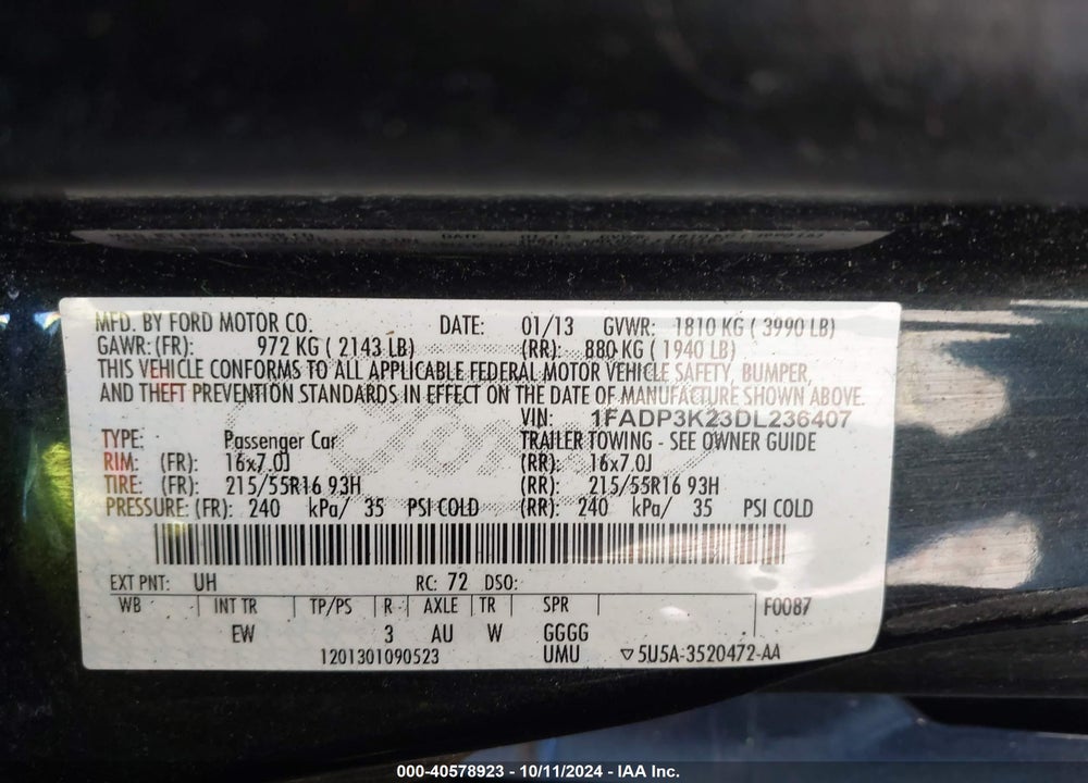 2013 FORD FOCUS SE VIN: 1FADP3K23DL236407