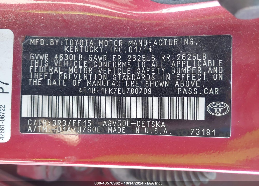 2014 TOYOTA CAMRY SE VIN: 4T1BF1FK7EU780709