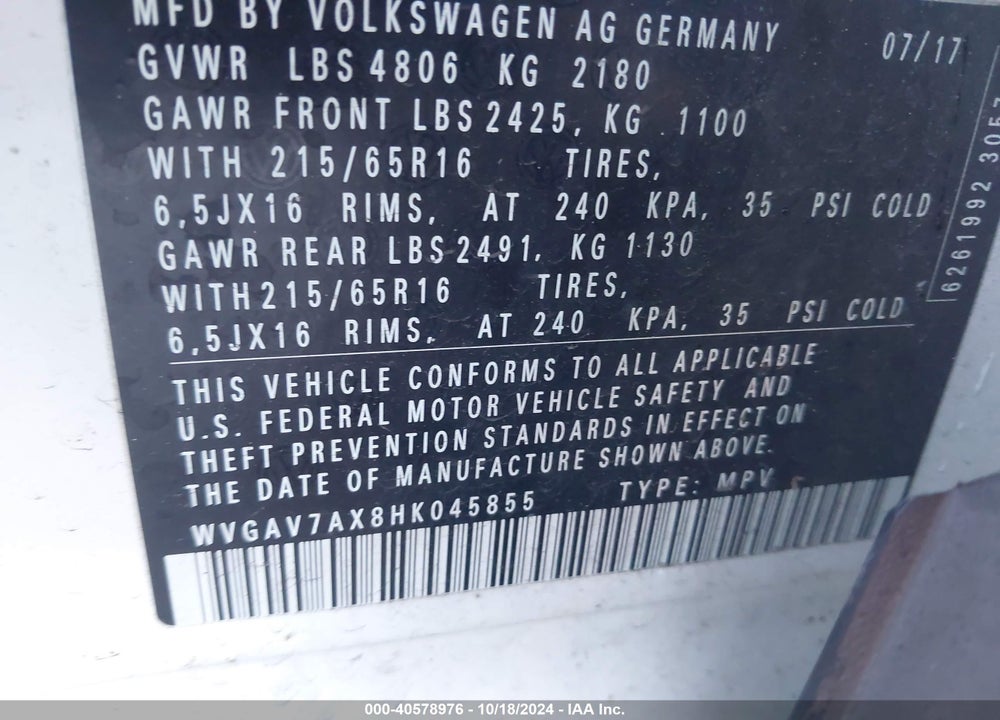 2017 VOLKSWAGEN TIGUAN 2.0T/2.0T S VIN: WVGAV7AX8HK045855