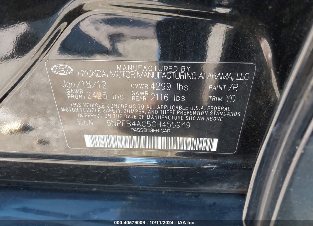 2012 HYUNDAI SONATA GLS VIN: 5NPEB4AC5CH455949