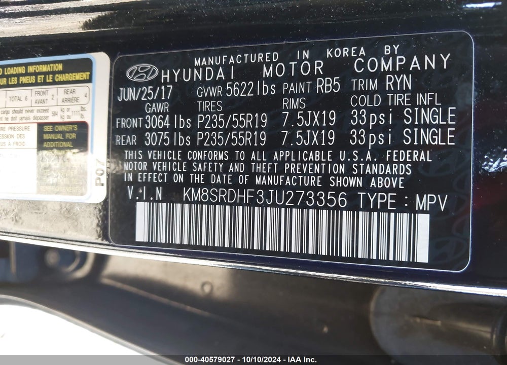 2018 HYUNDAI SANTA FE LIMITED ULTIMATE VIN: KM8SRDHF3JU273356