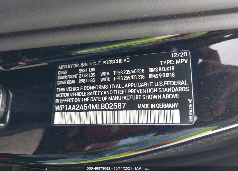 2021 PORSCHE MACAN VIN: WP1AA2A54MLB02587