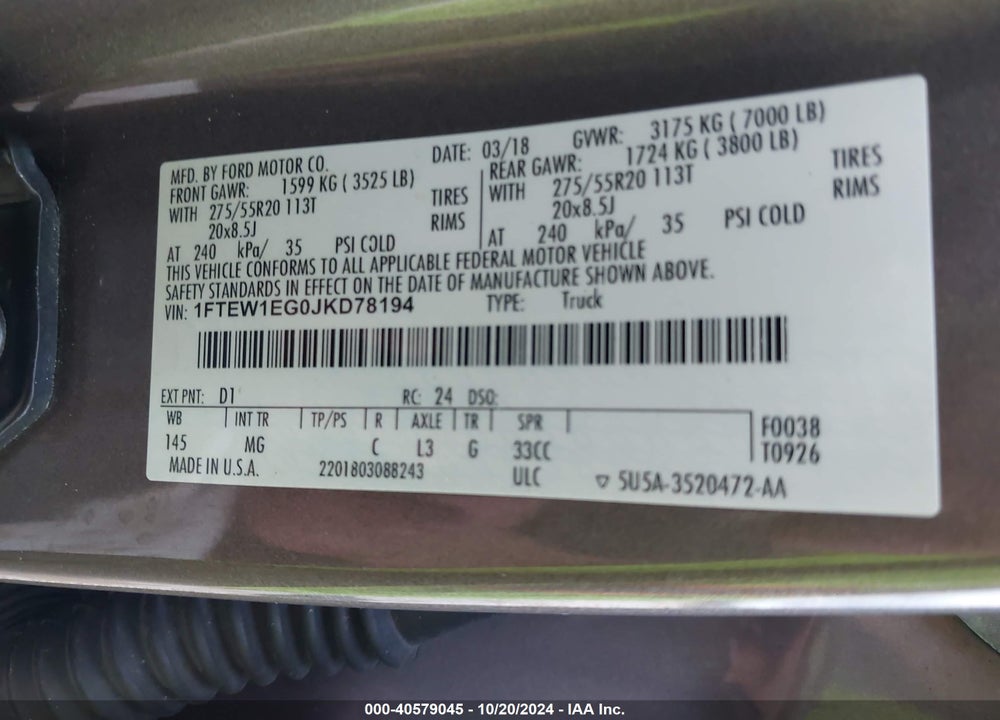 2018 FORD F-150 XLT VIN: 1FTEW1EG0JKD78194