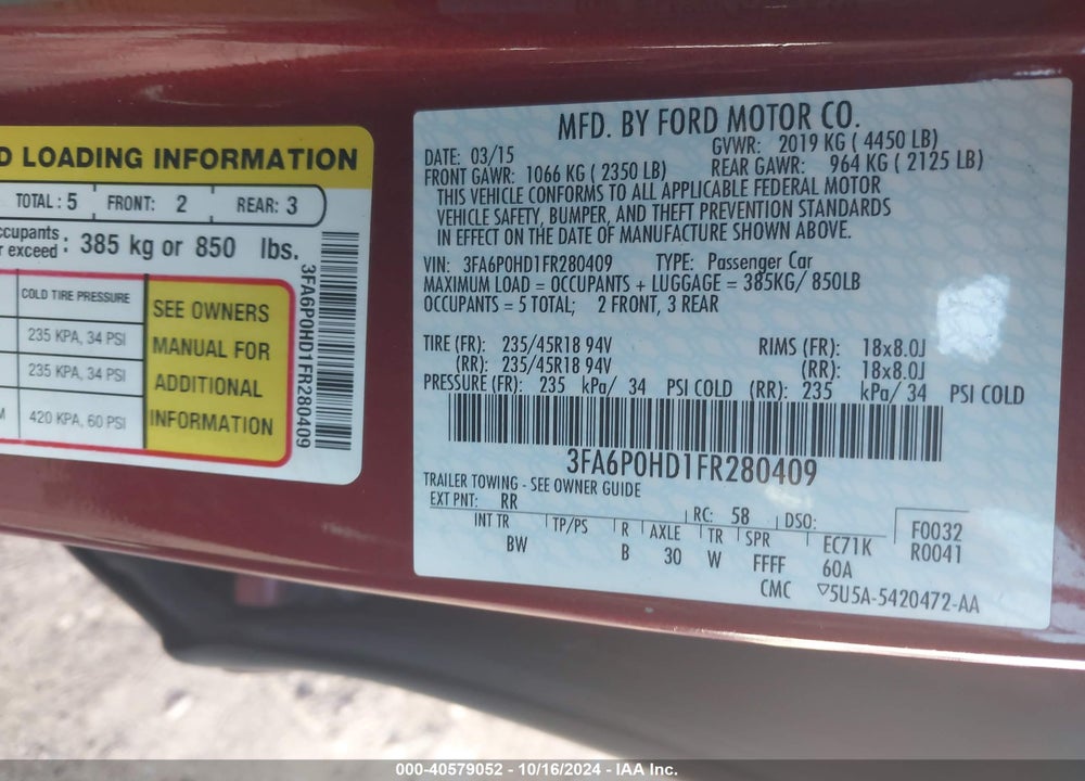 2015 FORD FUSION VIN: 3FA6P0HD1FR280409
