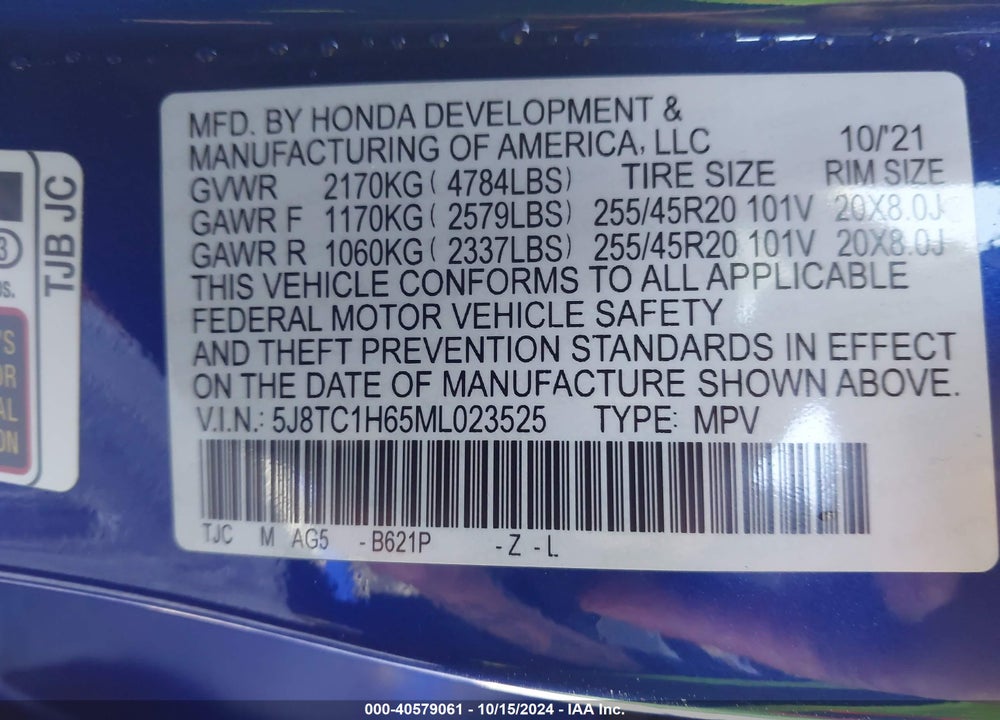 2021 ACURA RDX A-SPEC PACKAGE VIN: 5J8TC1H65ML023525