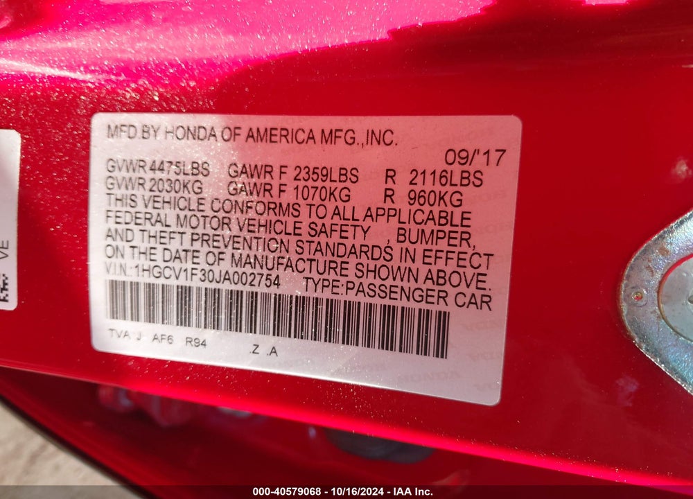 2018 HONDA ACCORD SPORT VIN: 1HGCV1F30JA002754