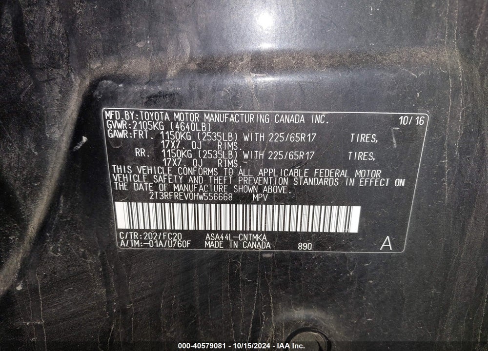 2017 TOYOTA RAV4 XLE VIN: 2T3RFREV0HW556668