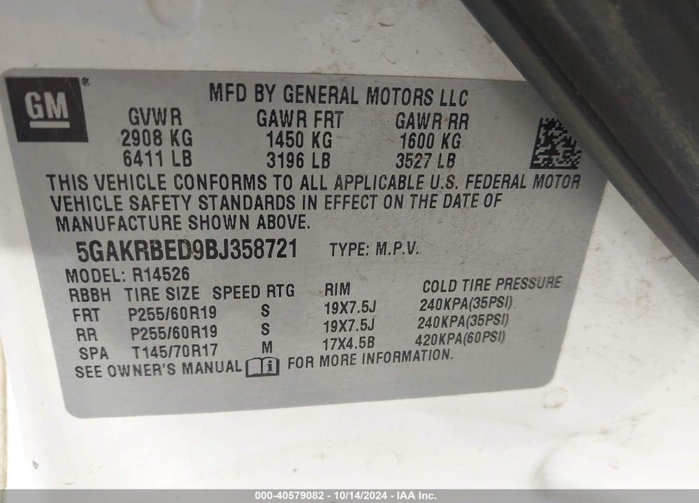2011 BUICK ENCLAVE 1XL VIN: 5GAKRBED9BJ358721