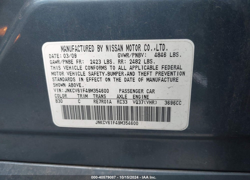 2009 INFINITI G37X VIN: JNKCV61F49M354600