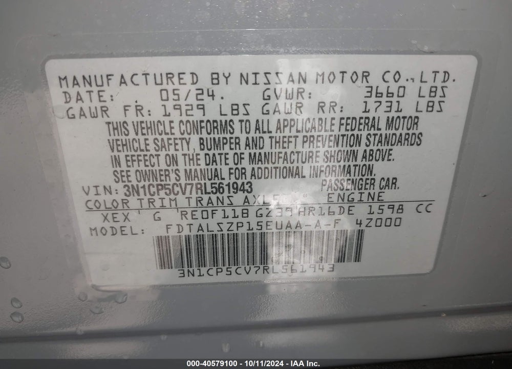 2024 NISSAN KICKS SV XTRONIC CVT VIN: 3N1CP5CV7RL561943