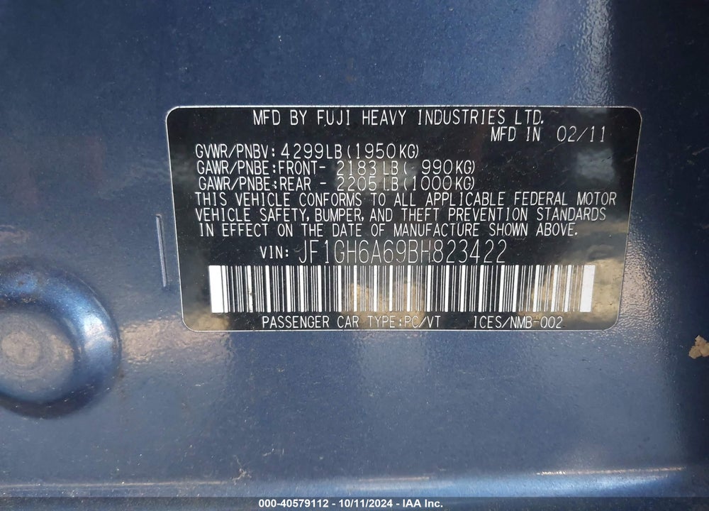 2011 SUBARU IMPREZA 2.5I VIN: JF1GH6A69BH823422