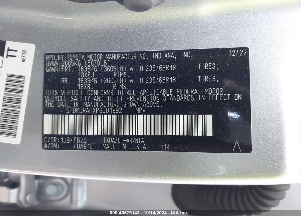 2023 TOYOTA HIGHLANDER VIN: 5TDKDRAHXPS501992