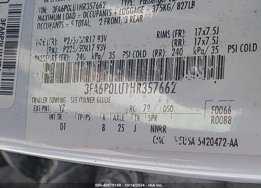 2017 FORD FUSION HYBRID SE VIN: 3FA6P0LU1HR357662