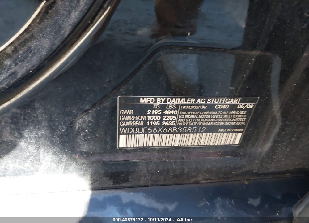 2008 MERCEDES-BENZ E 350 VIN: WDBUF56X68B358512
