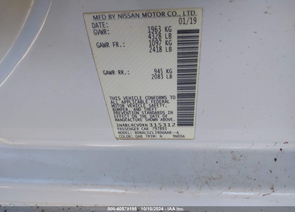 2019 NISSAN ALTIMA 2.5 SR VIN: 1N4BL4CV0KN315312