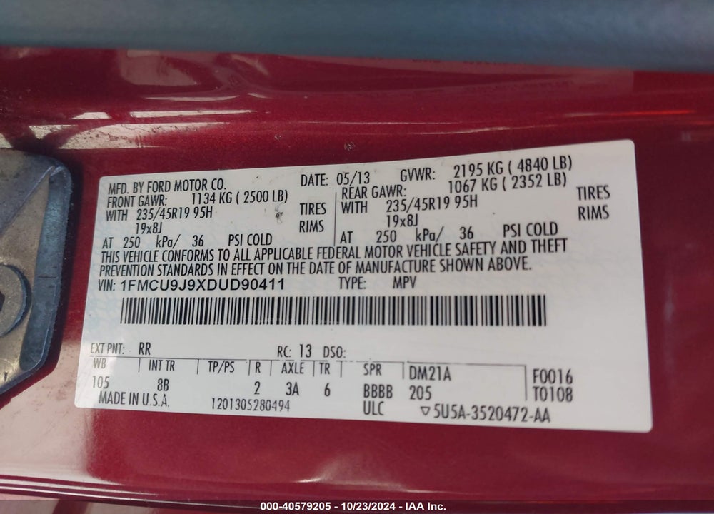 2013 FORD ESCAPE TITANIUM VIN: 1FMCU9J9XDUD90411