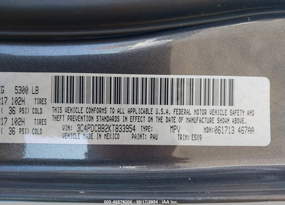 2019 DODGE JOURNEY SE VIN: 3C4PDCBB2KT833954