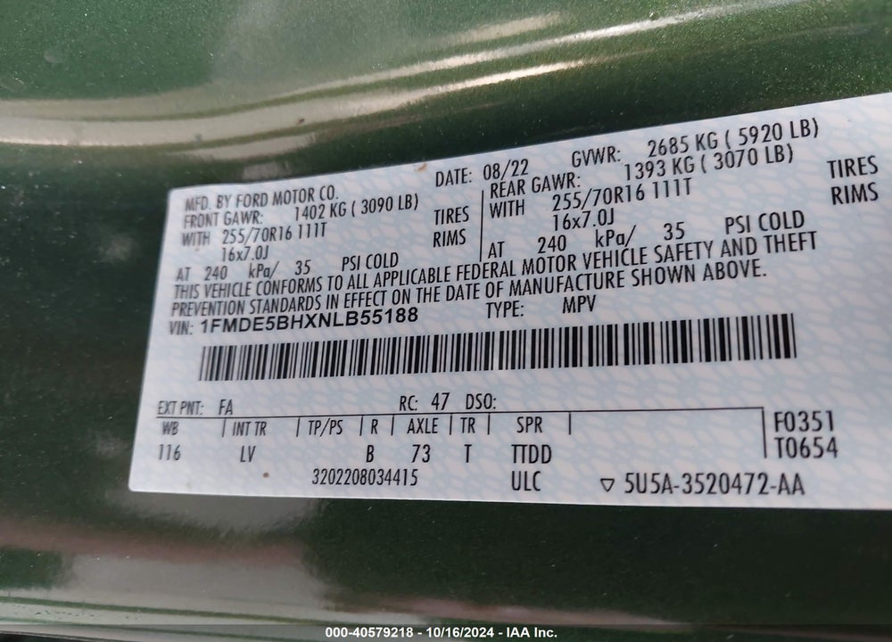 2022 FORD BRONCO VIN: 1FMDE5BHXNLB55188