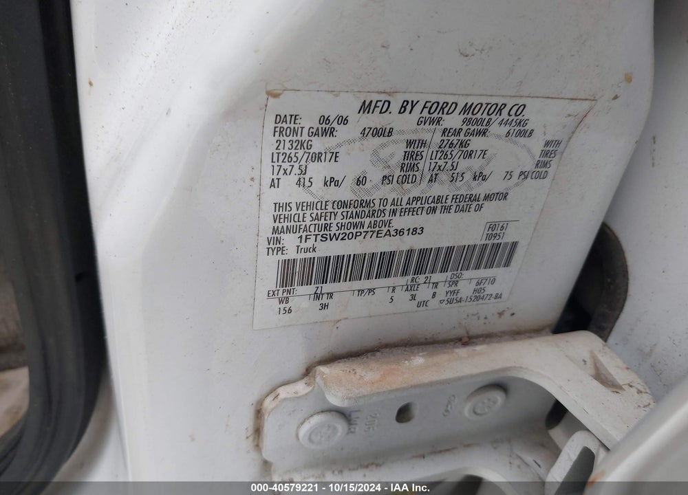 2007 FORD F-250 LARIAT/XL/XLT VIN: 1FTSW20P77EA36183