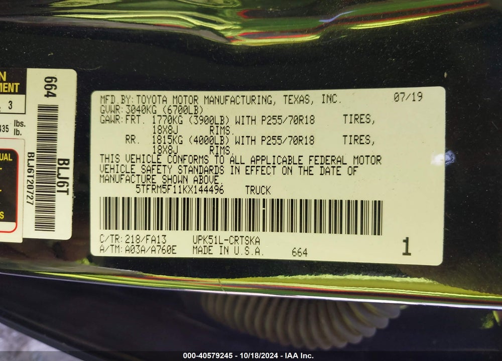 2019 TOYOTA TUNDRA SR 4.6L V8 VIN: 5TFRM5F11KX144496