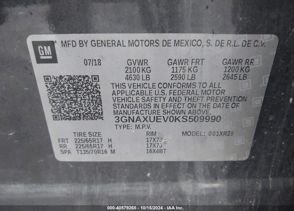 2019 CHEVROLET EQUINOX LT VIN: 3GNAXUEV0KS509990