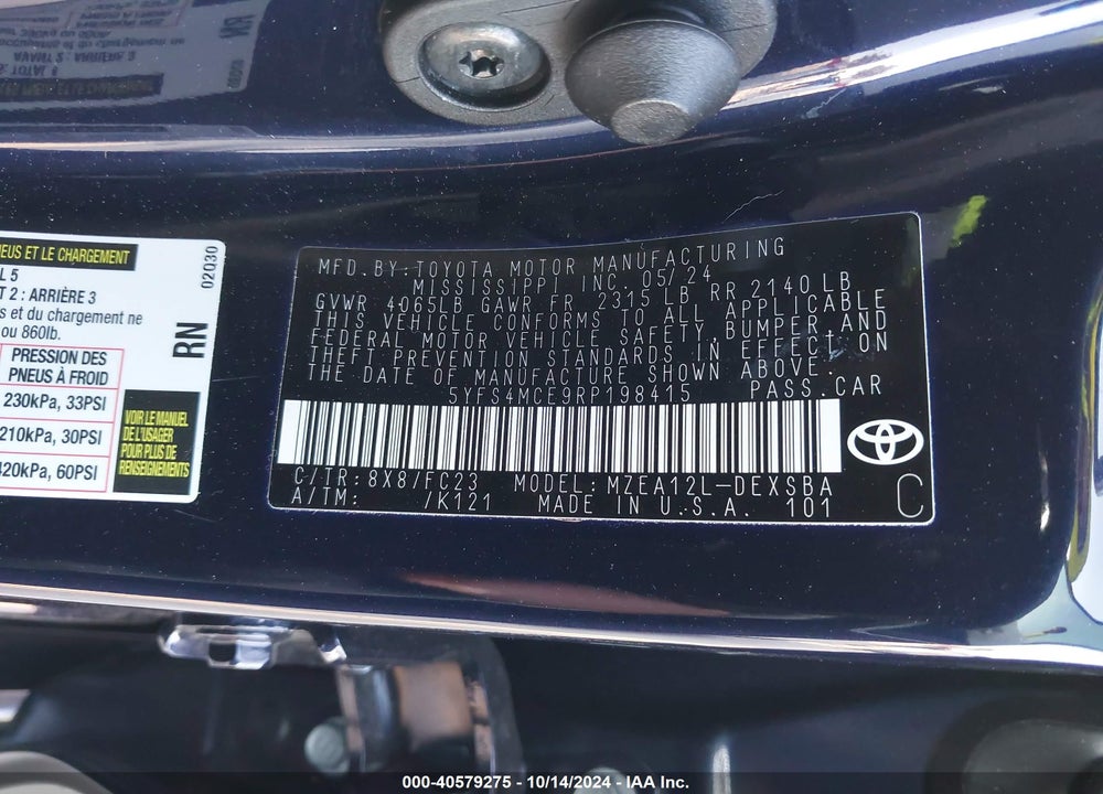 2024 TOYOTA COROLLA SE VIN: 5YFS4MCE9RP198415