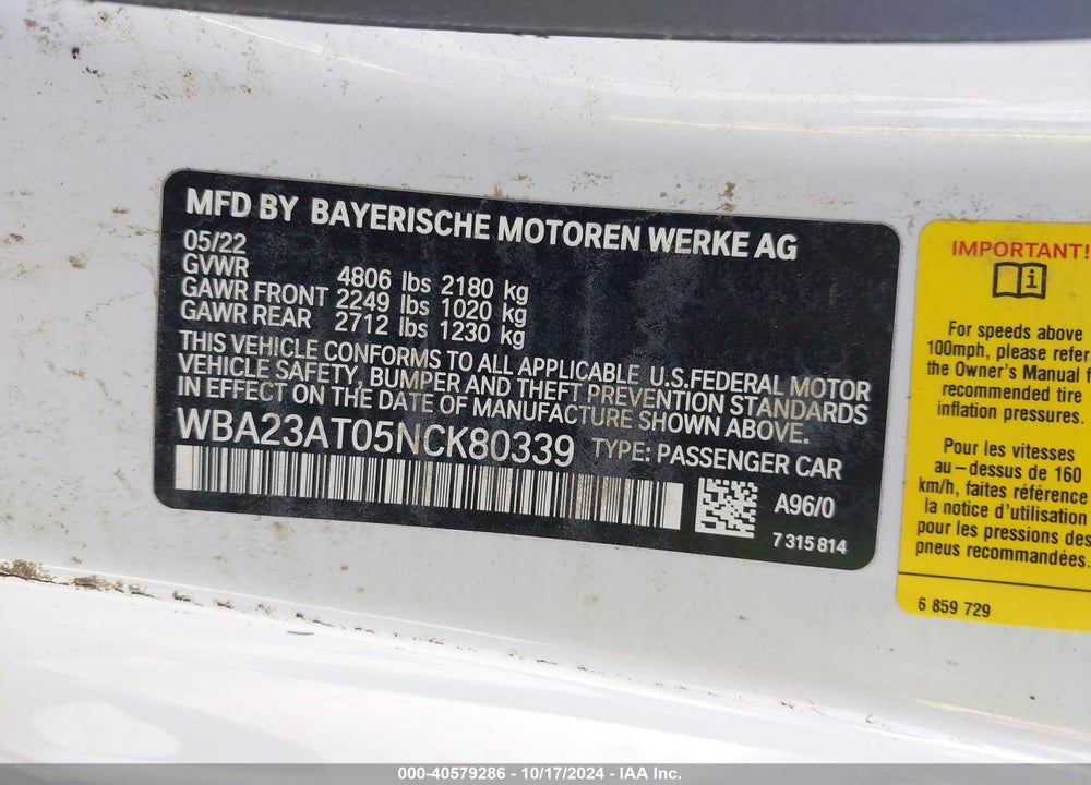 2022 BMW 430I VIN: WBA23AT05NCK80339