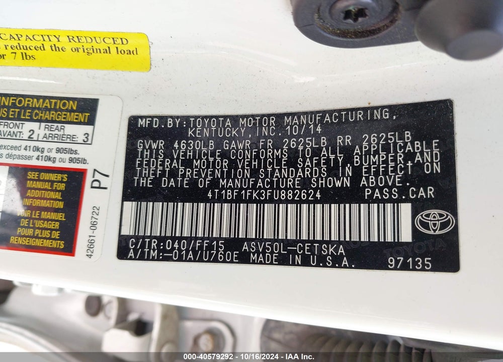 2015 TOYOTA CAMRY SE VIN: 4T1BF1FK3FU882624