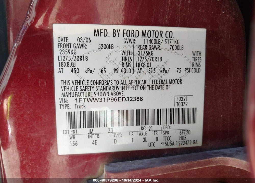 2006 FORD F-350 LARIAT/XL/XLT VIN: 1FTWW31P96ED32388
