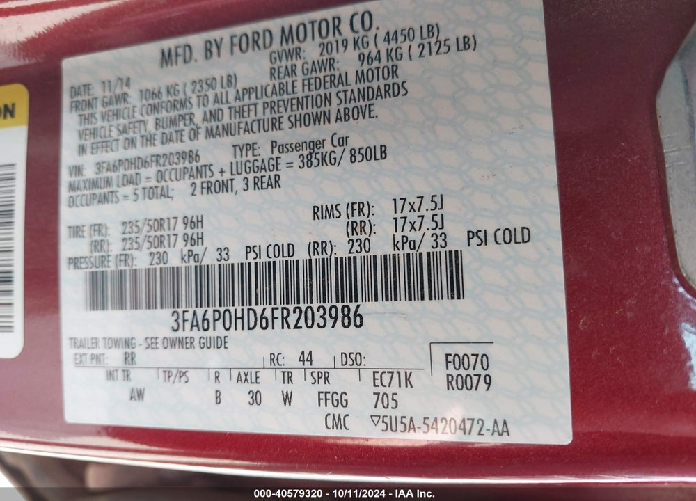 2015 FORD FUSION SE VIN: 3FA6P0HD6FR203986