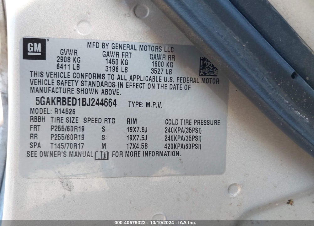 2011 BUICK ENCLAVE 1XL VIN: 5GAKRBED1BJ244664