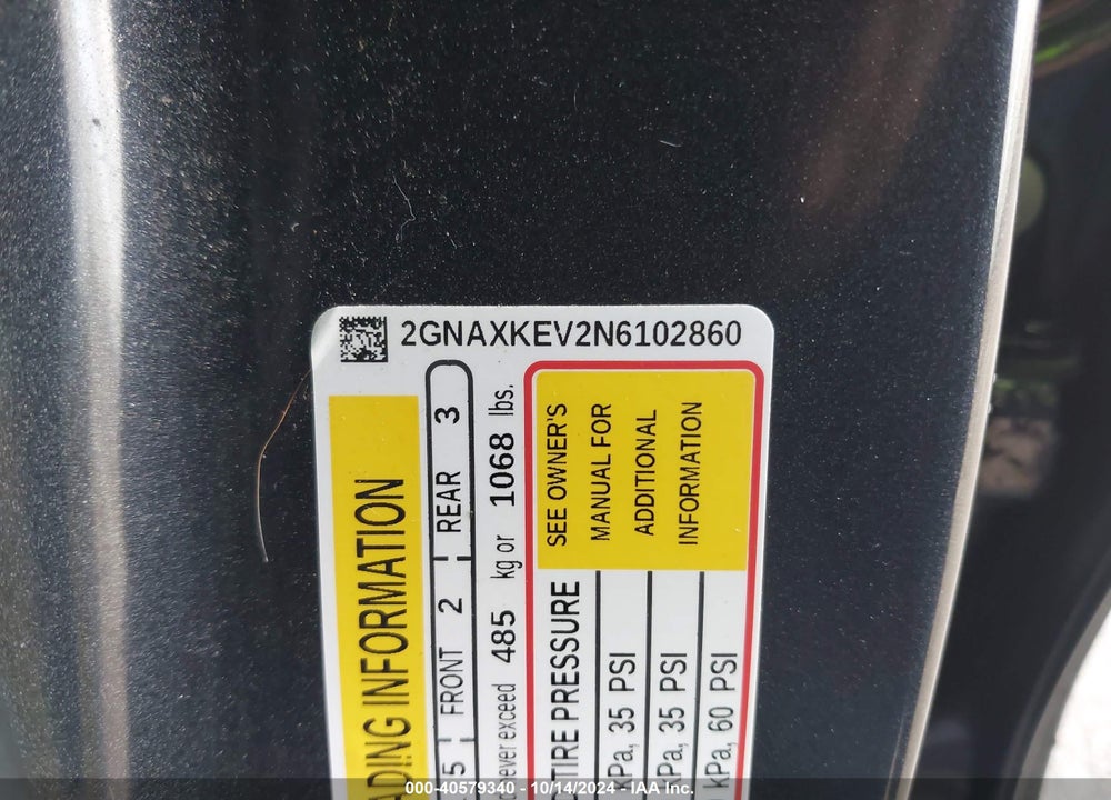 2022 CHEVROLET EQUINOX FWD LT VIN: 2GNAXKEV2N6102860