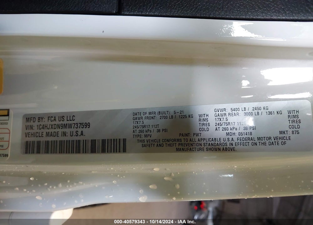 2021 JEEP WRANGLER UNLIMITED SPORT S 4X4 VIN: 1C4HJXDN9MW737599