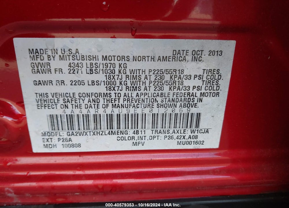 2014 MITSUBISHI OUTLANDER SPORT SE VIN: 4A4AR4AU9EE012069
