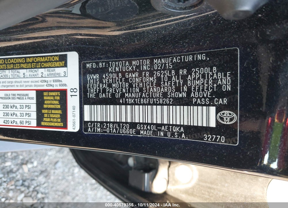 2015 TOYOTA AVALON XLE TOURING VIN: 4T1BK1EB6FU158262