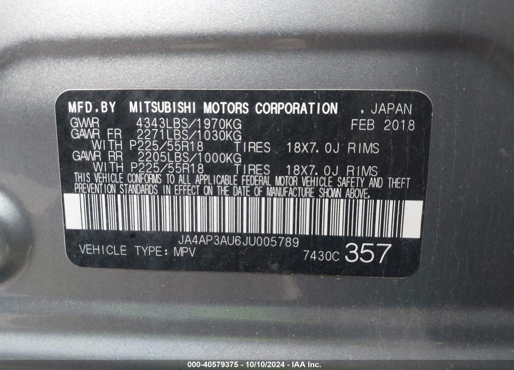 2018 MITSUBISHI OUTLANDER SPORT 2.0 ES VIN: JA4AP3AU6JU005789