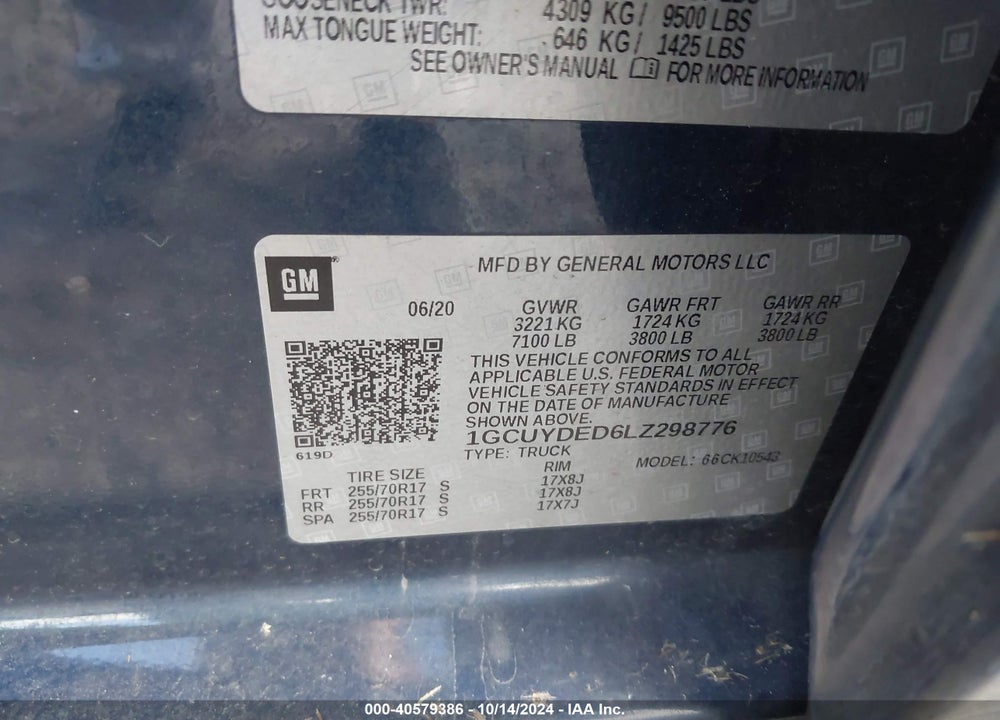 2020 CHEVROLET SILVERADO 1500 4WD SHORT BED LT VIN: 1GCUYDED6LZ298776