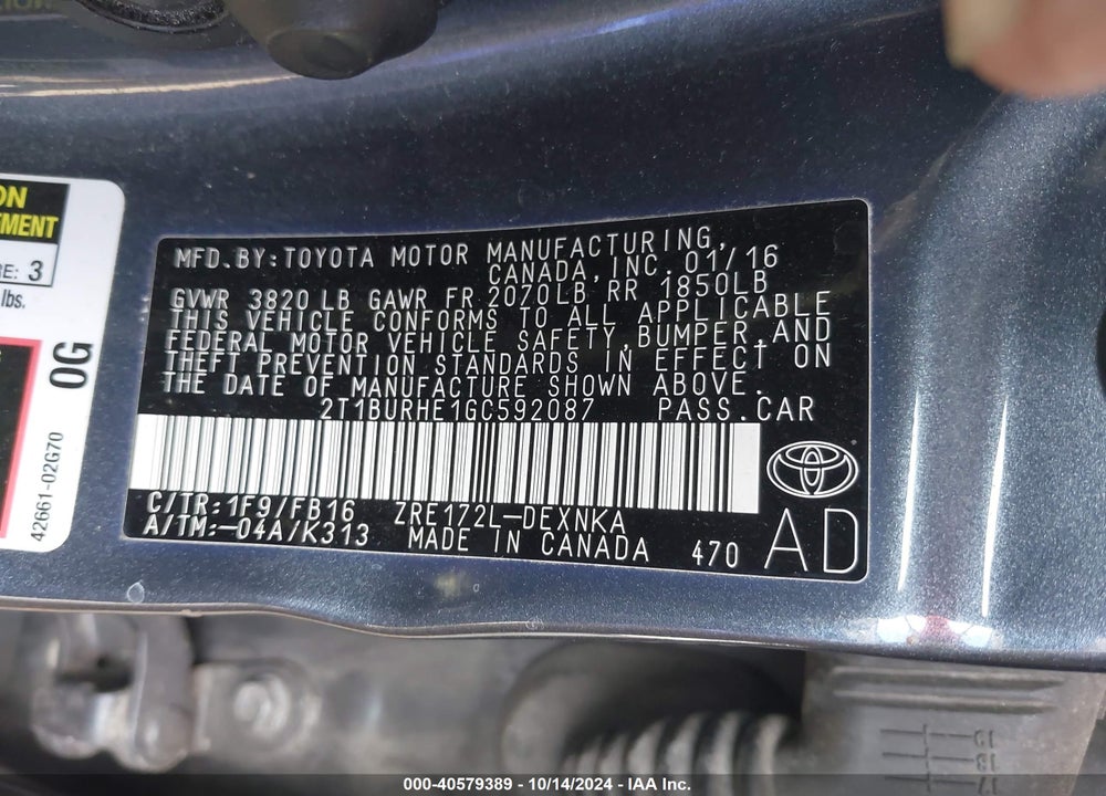 2016 TOYOTA COROLLA LE VIN: 2T1BURHE1GC592087