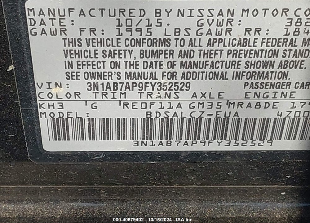 2015 NISSAN SENTRA S VIN: 3N1AB7AP9FY352529